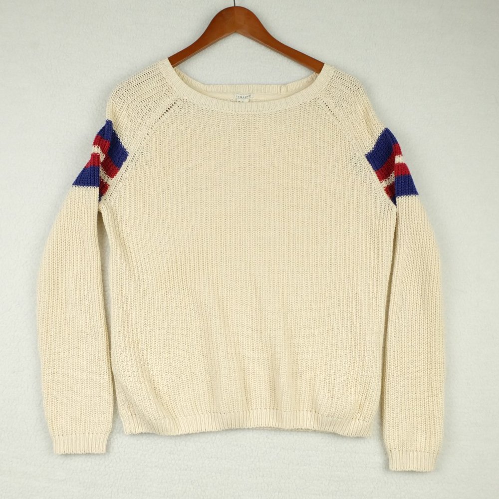Forever 21 Womens Sweater Medium White Cream Striped Retro Blue Red Pullover